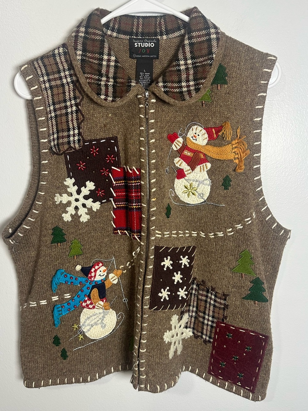 Designers Originals Brown Holiday Snowman Patchwork Vest Christmas Grandmacore L